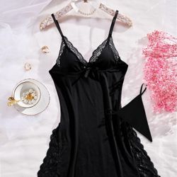 Sexy Split Side Floral Lace Trim Full Slip Night Gown Babydoll Lingerie Dress (xs)