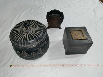3 Decorative items from INDIA Wood/ Brass (Large wooden pot is 8.5" across)