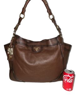 PRADA Large Cacao Brown Vitello Daino Leather Hobo with 3D Ship Motif Bag Charm