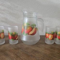 Vintage Frosted Glass Apple Pitcher and Juice Glasses - 7 Piece Set