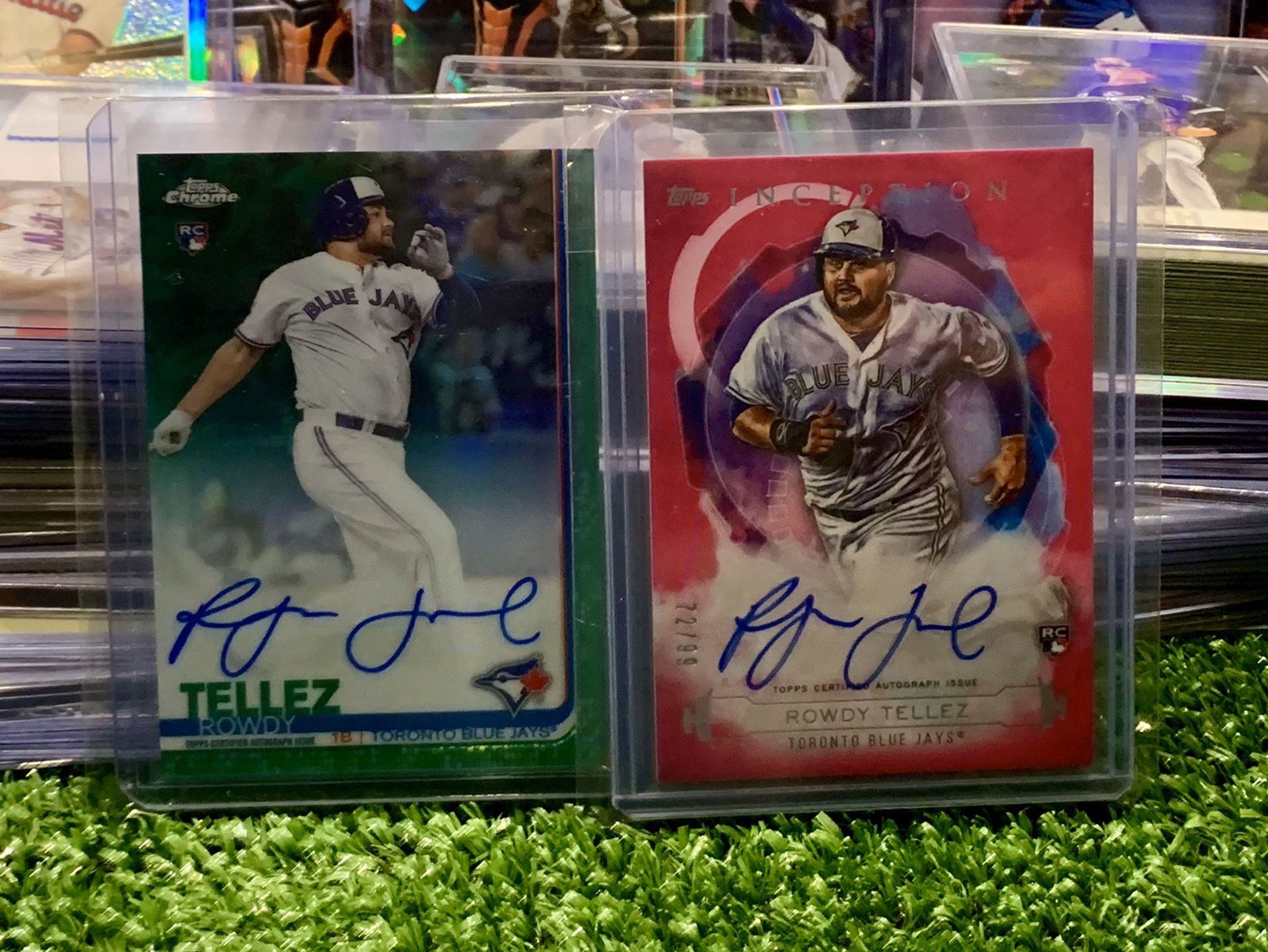 Rowdy Tellez Autographed Rookie Baseball Cards Topps Chrome Topps Inception Both Numbered To 99 In Existence Toronto Blue Jays