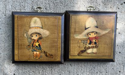 Small Vintage Kids Cowboy Plaques On Wood