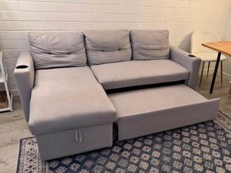 Linen Light Gray Sleeper Sectional Sofa with Storage Chaise