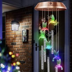 Solar Hummingbird Wind Chimes for Outside, LANTHIUM Stainless Steel Wind Chimes ​with Long Lasting Lithium Battery LED Changing Color Lights ​for Outd