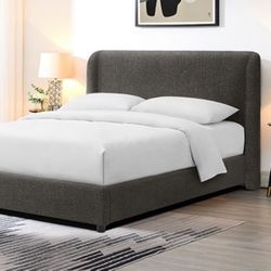 -Contemporary Gray Boucle Fabric Platform Bed- 