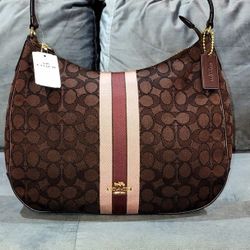 NWT NEW WITH TAGS COACH SIGNATURE STRIPE MONOGRAM JACQUARD BROWN HCOACH SIGNATURE STRIPE MONOGRAM JACQUARD BROWN HOBO/SHOULDER BAG WITH SMOTH ACCENTS 