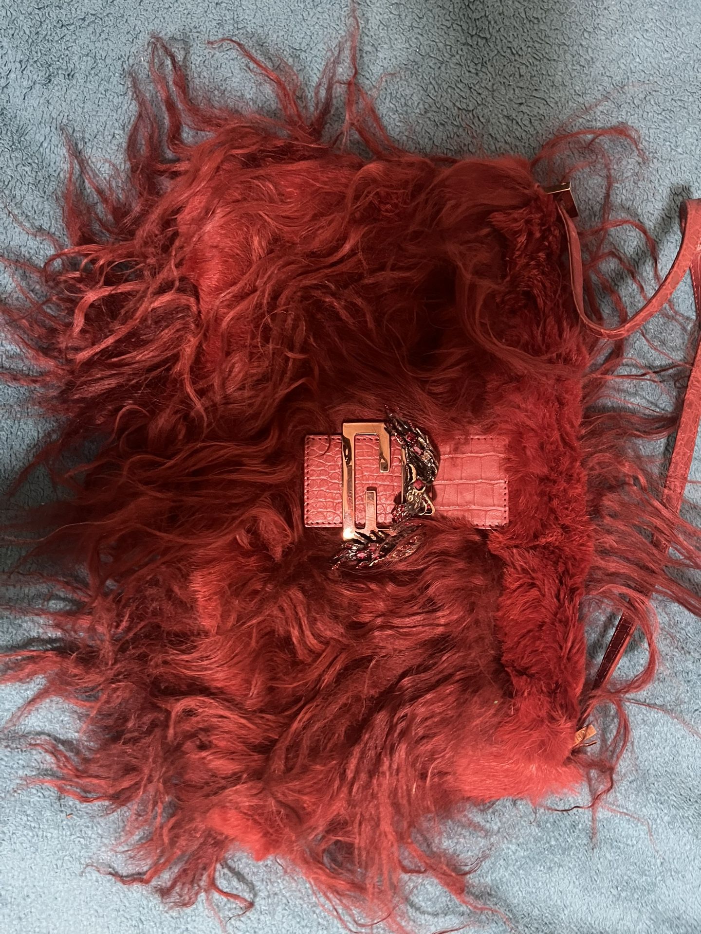 Fendi Red Fur Rhinestone Logo Baguette