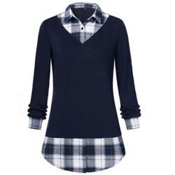 Women's Blue Plaid Collar 2 in 1 Blouse Tunic Top