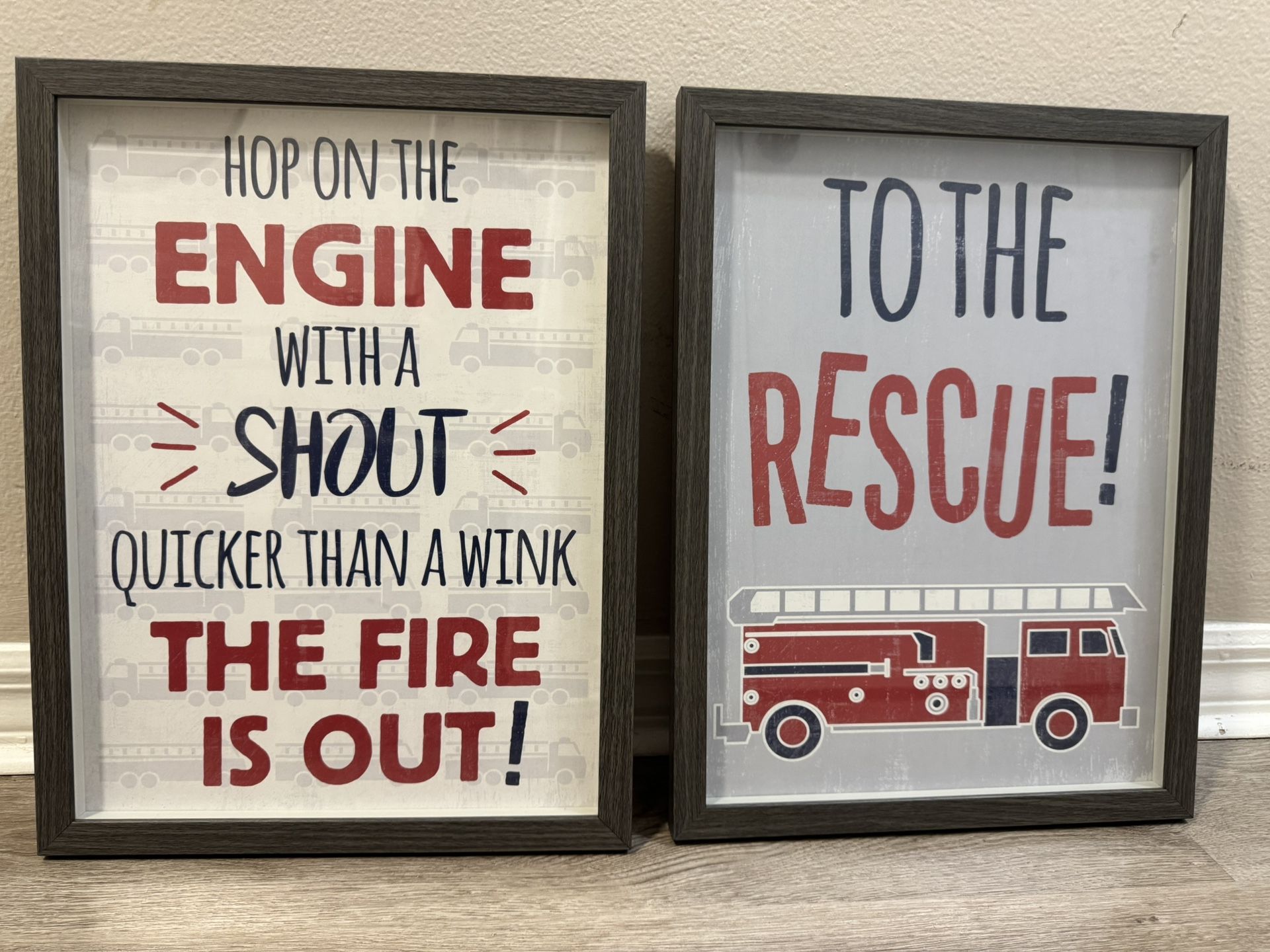 Kids Fire truck Art- Wood Frame And Glass Front