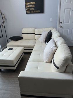 Cream Faux Leather Sectional Sofa with Ottoman