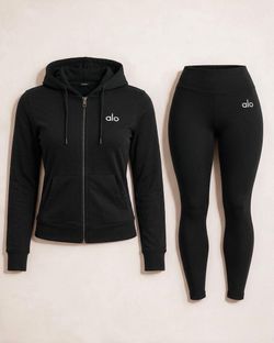 A l o Black Zip-Up Hoodie and Leggings Set