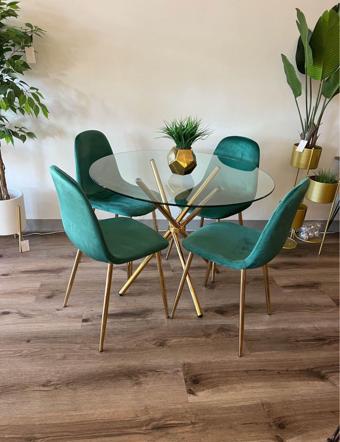 Dark Green Velvet Gold Round Kitchen Table Dining Set