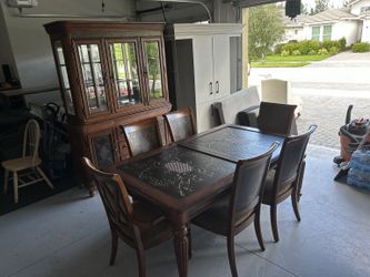 7-Piece Dining Table Set with Lighted China Cabinet & Leaf
