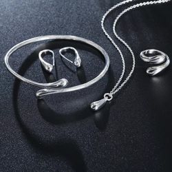 Silver 925 Necklace Earrings Ring Bracelet Jewelry Set 
