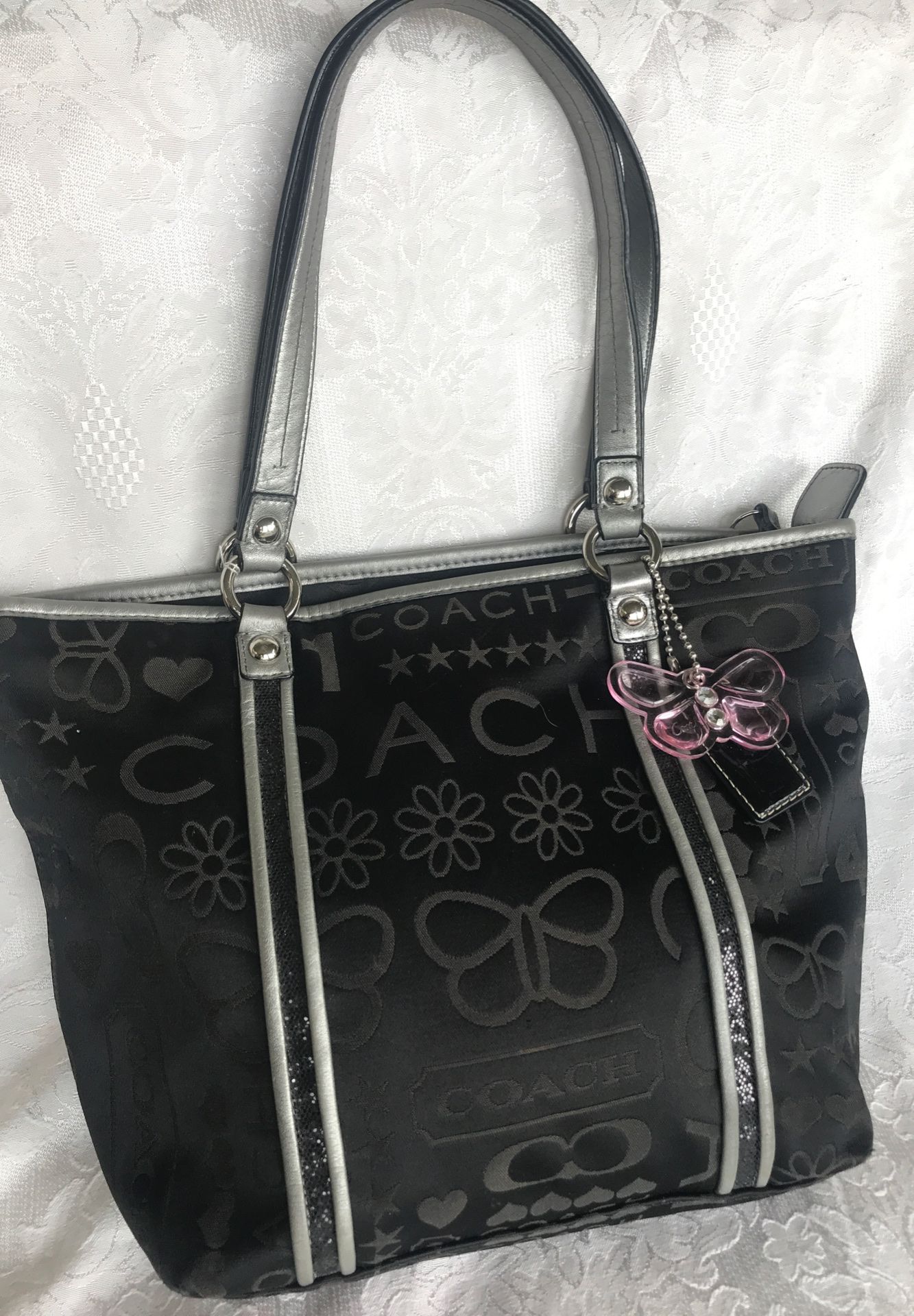 Coach Butterfly 🦋 Black Metallic Silver Tote Bag F15709