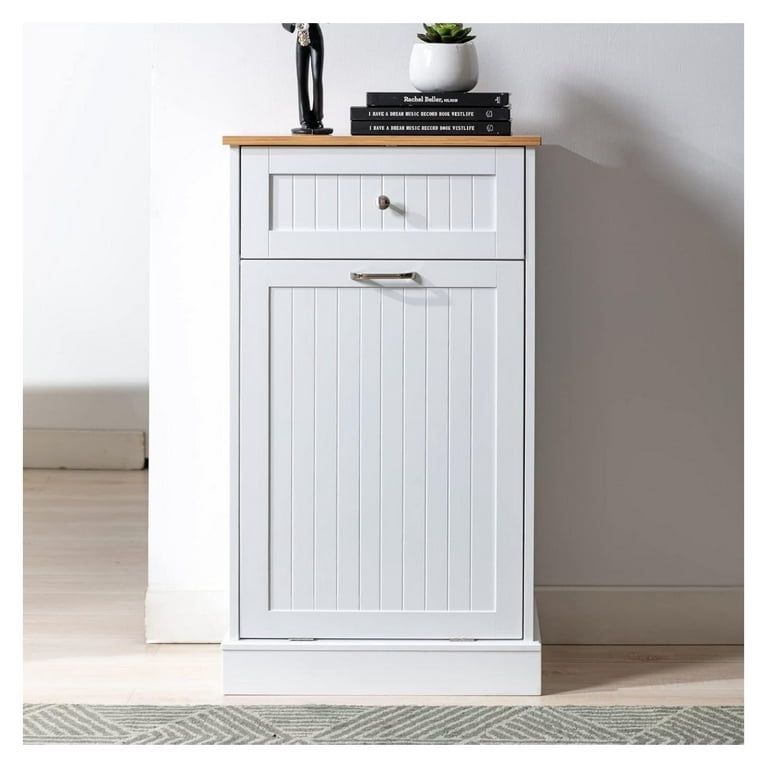 Trash Cabinet Tilt Out Freestanding, Pet Proof Kitchen Trash Cabinet Laundry Hamper with Cutting Board, Wood Garbage Recycling Station Hideaway Trash 
