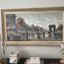 Oil on Canvas Mid-Century French Parisian Scene Carved Gilt Frame