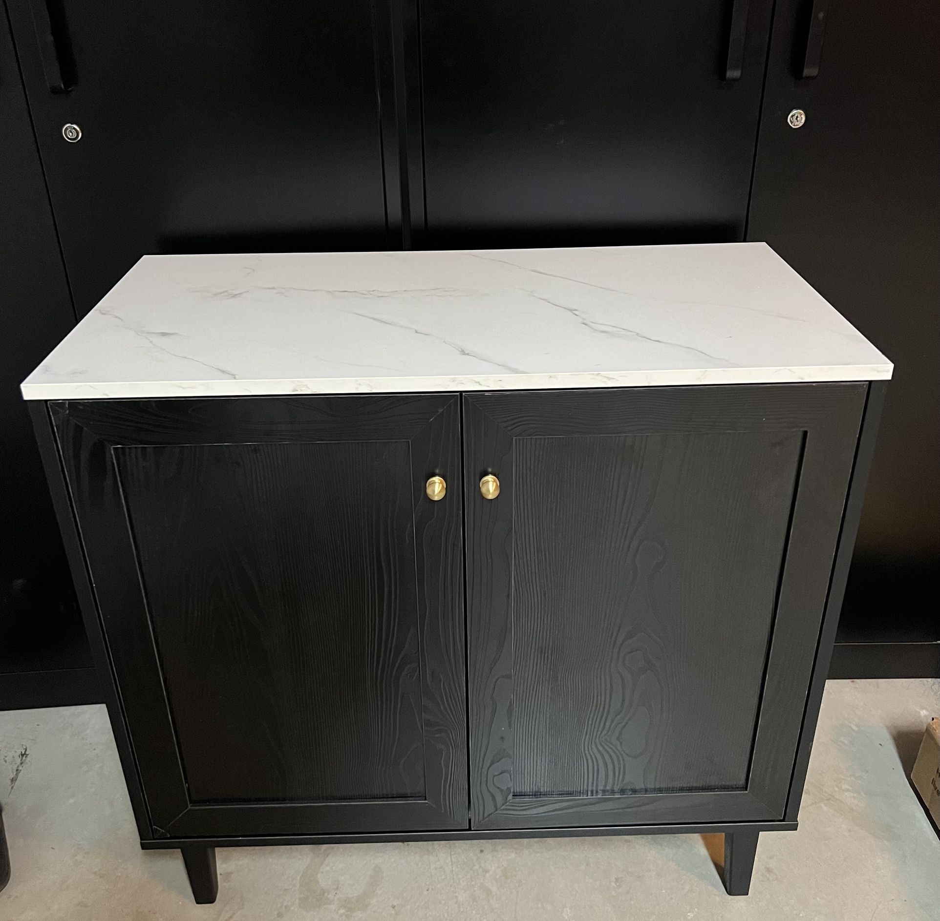 Black Cabinet With Shelves And Faux Marble Top