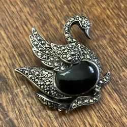 Sterling Silver Marcasite Black Onyx Swan Brooch Vintage.