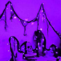 Battery Powered Halloween String Lights, Purple 30LED with Black Gauze 2 Pack 9.9Ft 8 Modes with Timer Fairy Lights Outdoor, Indoor Battery Operated P