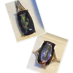 Large Mystic Topaz with Diamonds Set In 10K Gold (2pc set) Ring Size 8 & Pendant 20CTW each