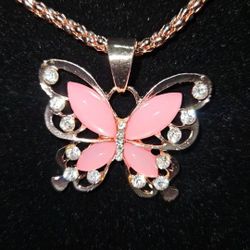 Rose Gold Butterfly Pendant, Wing Inlaid Rhinestone Necklace,   Hypoallergenic Gold-Plated Aluminum Alloy