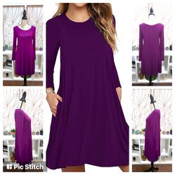 Women's Comfy Casual Loose Swing Tunic Long Sleeve Pocket Solid T-Shirt Dress - Size: Small - Color: Purple  