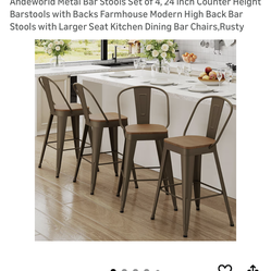 Andeworld Metal Bar Stools Set of 4, 24 inch Counter Height Barstools with Backs Farmhouse Modern High Back Bar Stools with Larger Seat Kitchen Dining