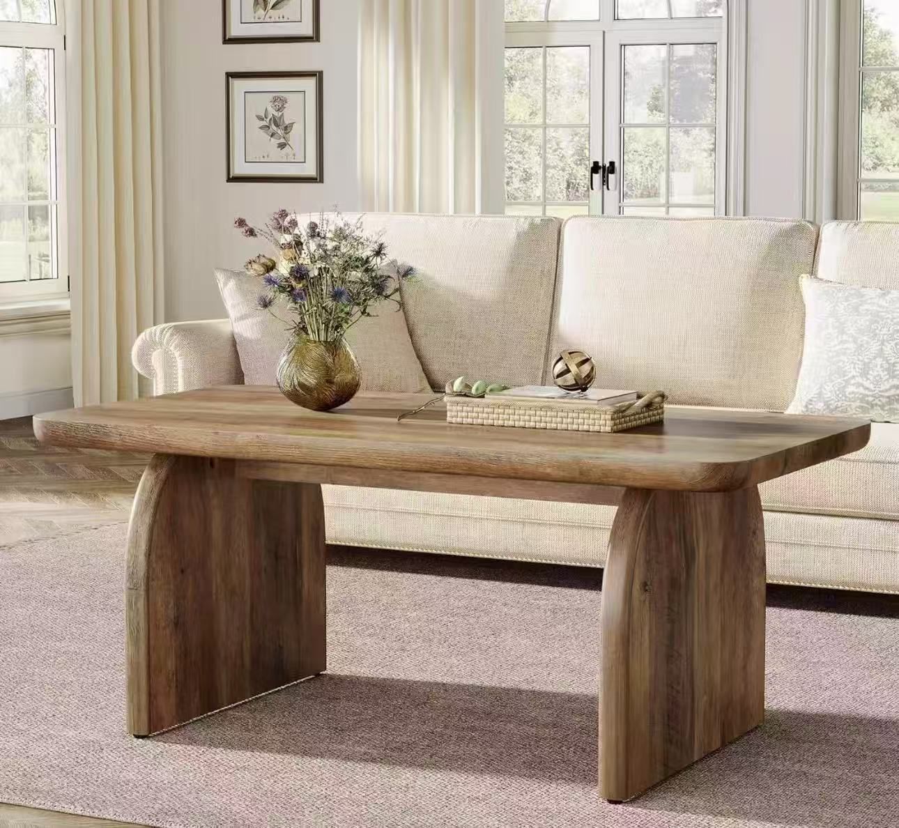 New assembled F2088 Rectangle Coffee Table, 47-Inch Wood Rectangular Living Room Table, Farmhouse Accent Center Low Cocktail Tea Table with Sturdy Bas