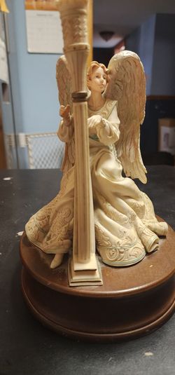 Angel Figurine with Harp on Wood Base