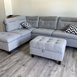 New Sectional W Storage Ottoman .  Grey.  106” X 77”.  Free Delivery !