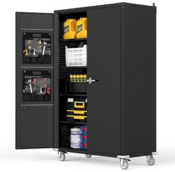 biosp 72"H Wide & Deep Garage Storage Cabinet with Wheels & Pegboards, Metal Storage Cabinet with Locking Door & Adjustable Shelves, Rolling Tool Cabi