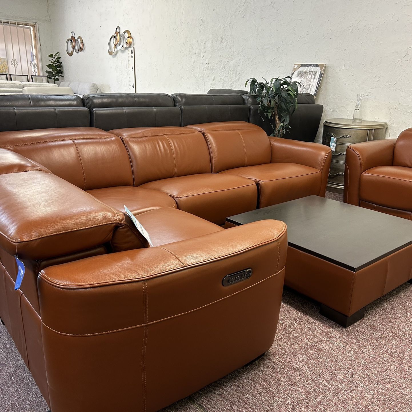 100%  Real Leather Sectional With 3 Power Recliners- Lexanna