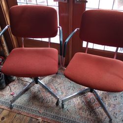 Pair Of Vintage MCM HON Office Chairs Orange And Chrome Swivels & Leans
