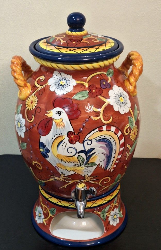 RARE HAND-PAINTED FLORENCE ROOSTER BEVERAGE DISPENSER - 22" TALL WITH BASE & LID 