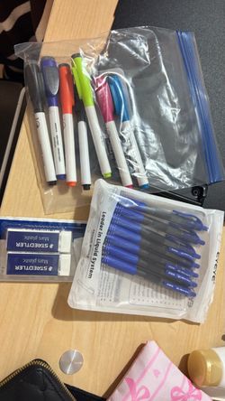 School & Office Supplies Bundle - Blue Gel Pens, Erasers & Dry Erase Markers