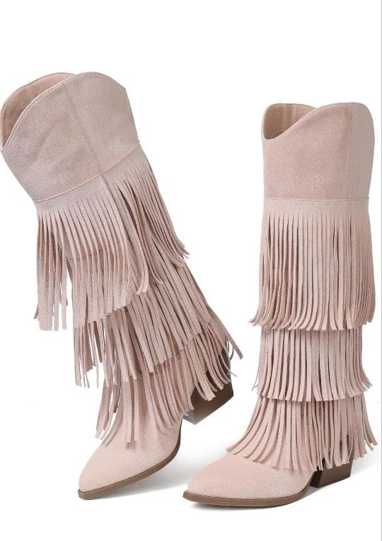 Brand New Size 7 Cowgirl Boots for Women Retro Pointed Toe Pull On Block Chunky Heel Fringe Country Concert Outfits Knee High Western 