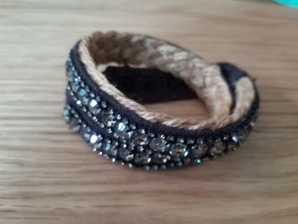Juicy Couture Black Charcoal Adjustable Rhinestone Braided Wrap Bracelet 16"