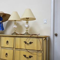 Bronze And China Bedside Lamps- Antique