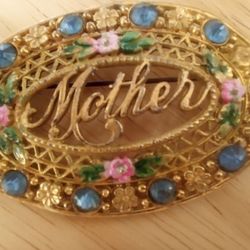 Vintage enamel flower Mother rhinestone Brooch Pin

