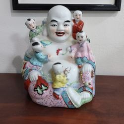 Old Vintage Chinese Porcelain Happy of Fertility and Prosperity Buddha Statue; with 5 children.