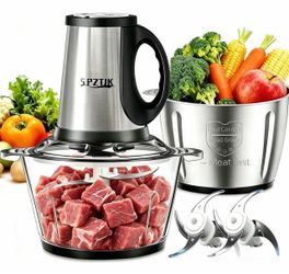 3-Speed Electric Food Processor: Meat Grinder, Vegetable Chopper & Baby Food Maker - 300W, 2 Bowls (8 Cup Stainless Steel+8 Cup Glass), Quiet Operatio