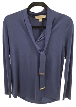Michael Kors Navy Blue Tie Neck Long Sleeve Blouse Gold Logo Size Small