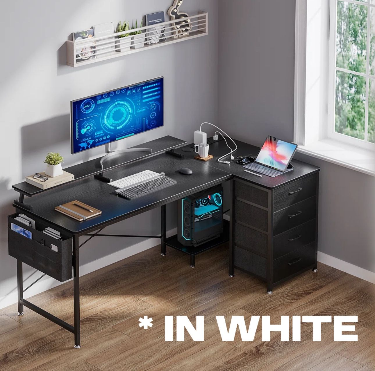 L-Shaped Metal Base 63”  Reversible Writing/Gaming Desk with Power Outlet