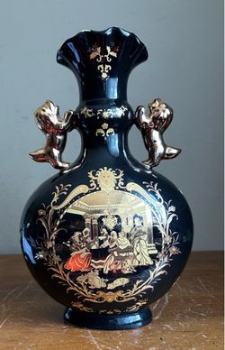 Rare Vintage Limoges Porcelain Black & Gold 14" Tall Big Size Vase w/Lion Handle