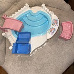 FISHER PRICE Loving Family Dollhouse SWIMMING POOL VINTAGE & Pink Bench