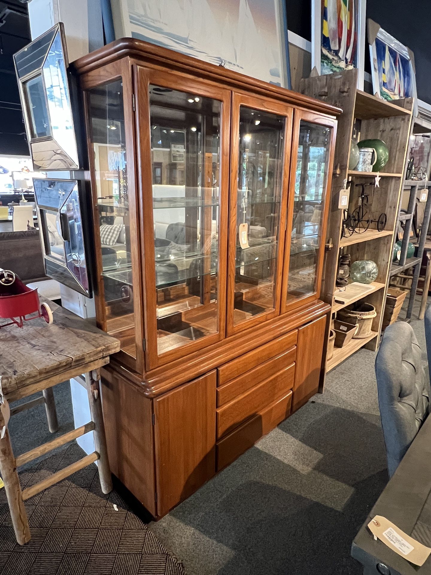 CHINA CABINET: 2 piece China Cabinet w/ 2 glass shelves, 2 glass doors, & 4 bottom drawer SKU Q4YQT4