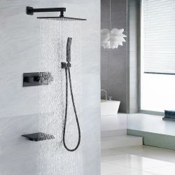 10" Wall-Mounted Square Rain Shower System with Waterfall Tub Spout in Matte Black

