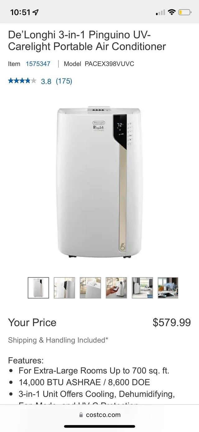 De’Longhi, 700 SQ, 3-in-1 Pinguino UV-Carelight Portable Air Conditioner, Costco $580