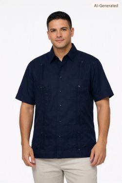 Men’s Navy Blue Guayabera Shirt – Size Small – Preowned